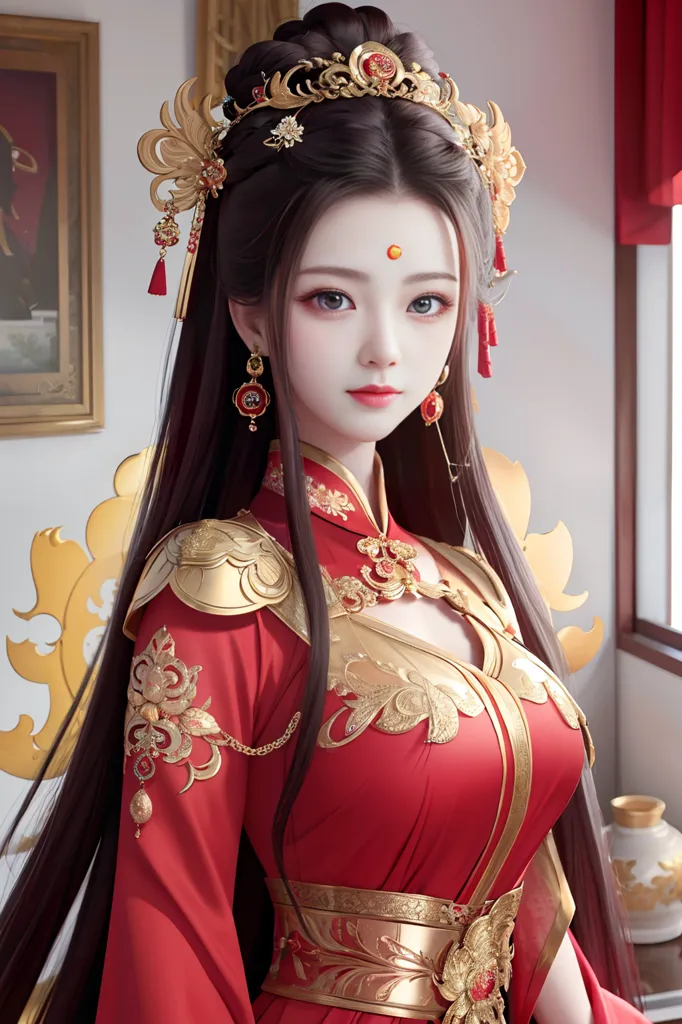 This is a picture of a beautiful woman with long black hair and red and gold traditional Chinese clothing with intricate patterns and designs. She is wearing a golden headpiece and has red earrings. There is a red curtain in the background and a vase on the table next to her.