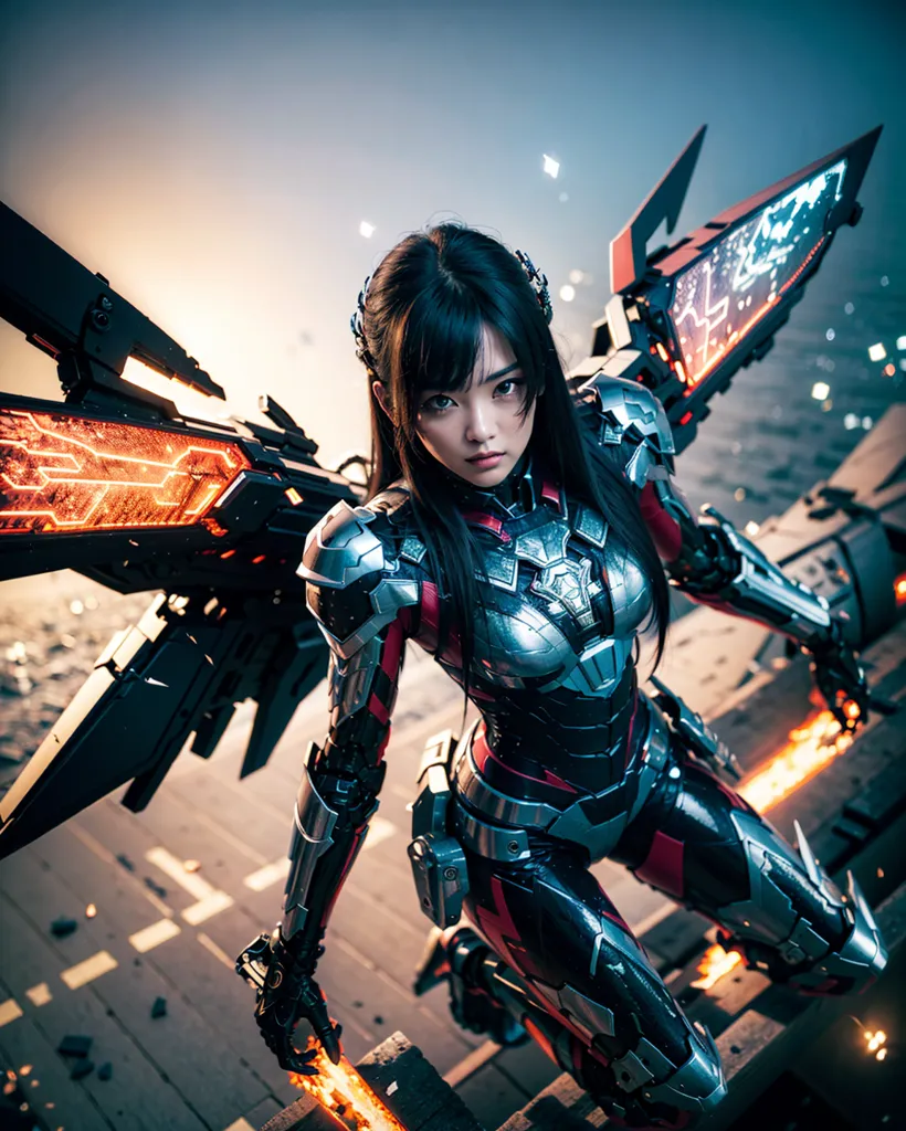 The image shows a young woman standing on a rooftop. She is wearing a black and red bodysuit with a metallic sheen. She also has a pair of wings attached to her back. The wings are made of metal and have a red glow. The woman is looking at the viewer with a serious expression. The background of the image is a blurred cityscape.