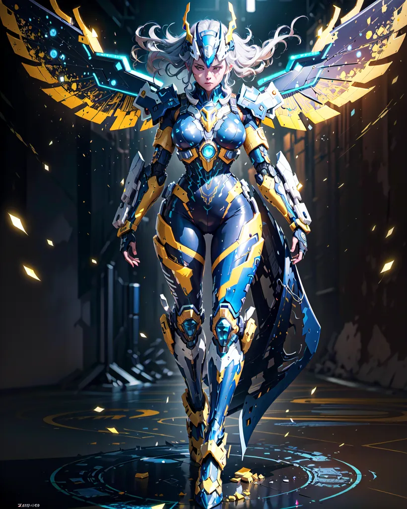 This is an image of a female character wearing a yellow and blue bodysuit with white hair and blue eyes. She has a pair of wings made of yellow and blue energy. She is standing in a dark room with a blue light on the floor.