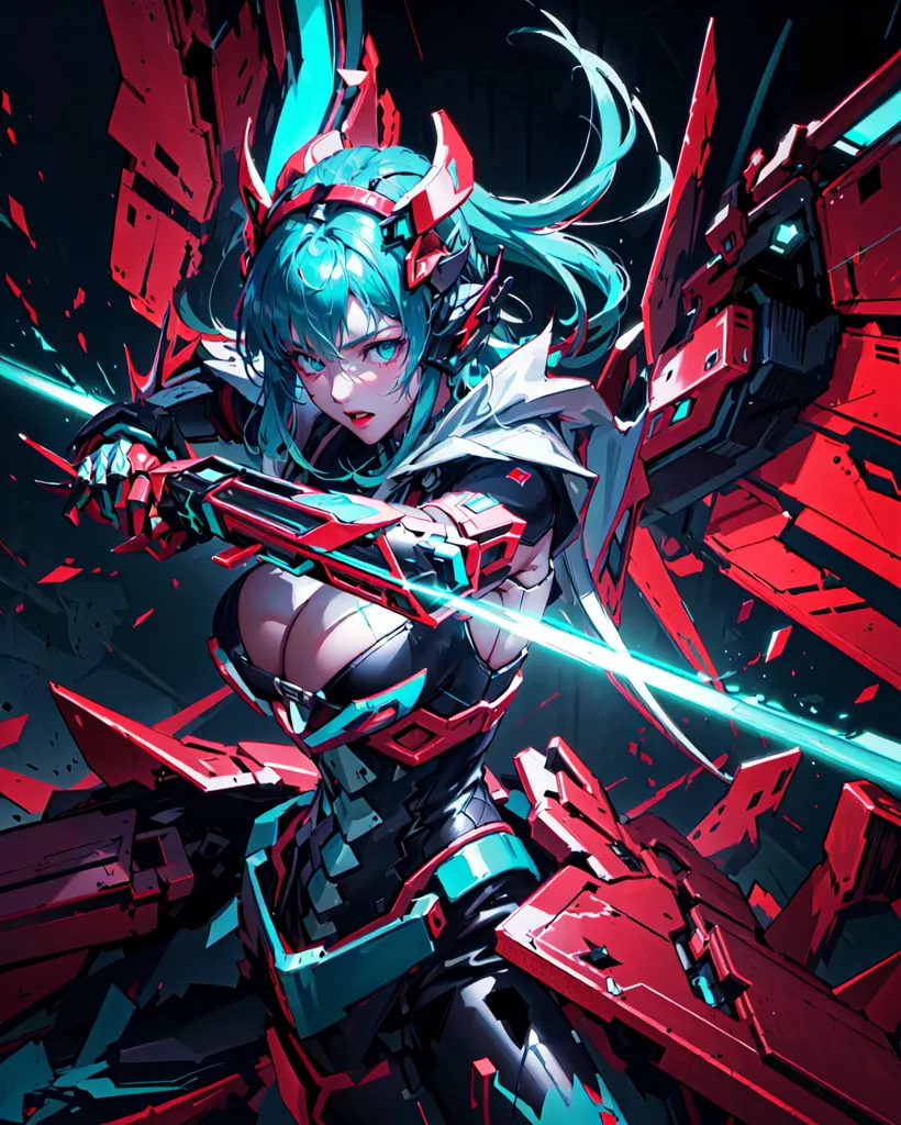 This is an image of a female anime character with long blue hair and red eyes. She is wearing a black and red bodysuit with a large red and blue weapon in her hand. She is standing in a dark room with red and blue lights surrounding her.