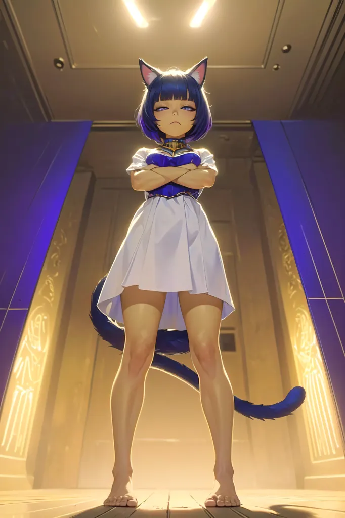 The image is of a young woman with cat ears and a tail. She is dressed in a white dress with a blue sash and has her arms crossed in front of her. She is standing in a large room with two large doors behind her. The room is decorated with Egyptian-style hieroglyphs.