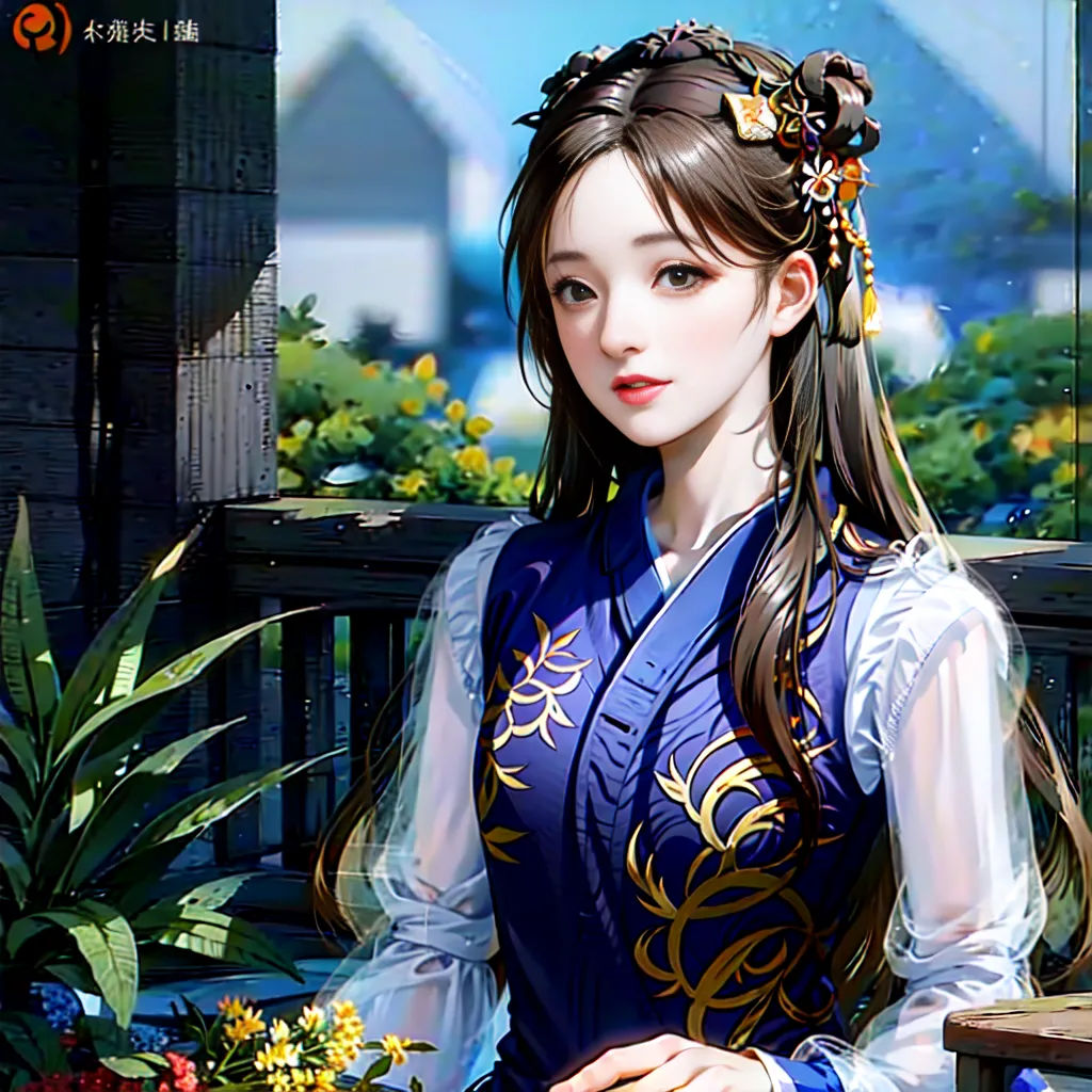 The image shows a beautiful young woman with long brown hair and brown eyes. She is wearing a blue and gold hanfu with a white undersleeve. Her hair is styled in an elaborate updo with a golden hairpin. She is sitting on a bench in a garden, surrounded by flowers and plants. The background is a blur of green and blue, suggesting that she is in a natural setting. The overall tone of the image is peaceful and serene.