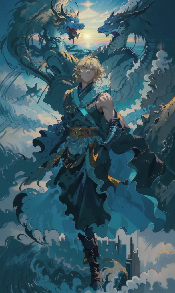 This is an image of a man standing on a rock in the middle of the ocean. The man is dressed in a white shirt and blue pants. He has long blond hair and blue eyes. He is holding a sword in his right hand. There are two dragons flying in the sky behind him. The dragons are both blue and have long, serpentine bodies. The man is standing with his feet shoulder-width apart and his arms at his sides. He has a confident expression on his face. The ocean is calm and there are no waves. The sky is blue and there are no clouds.