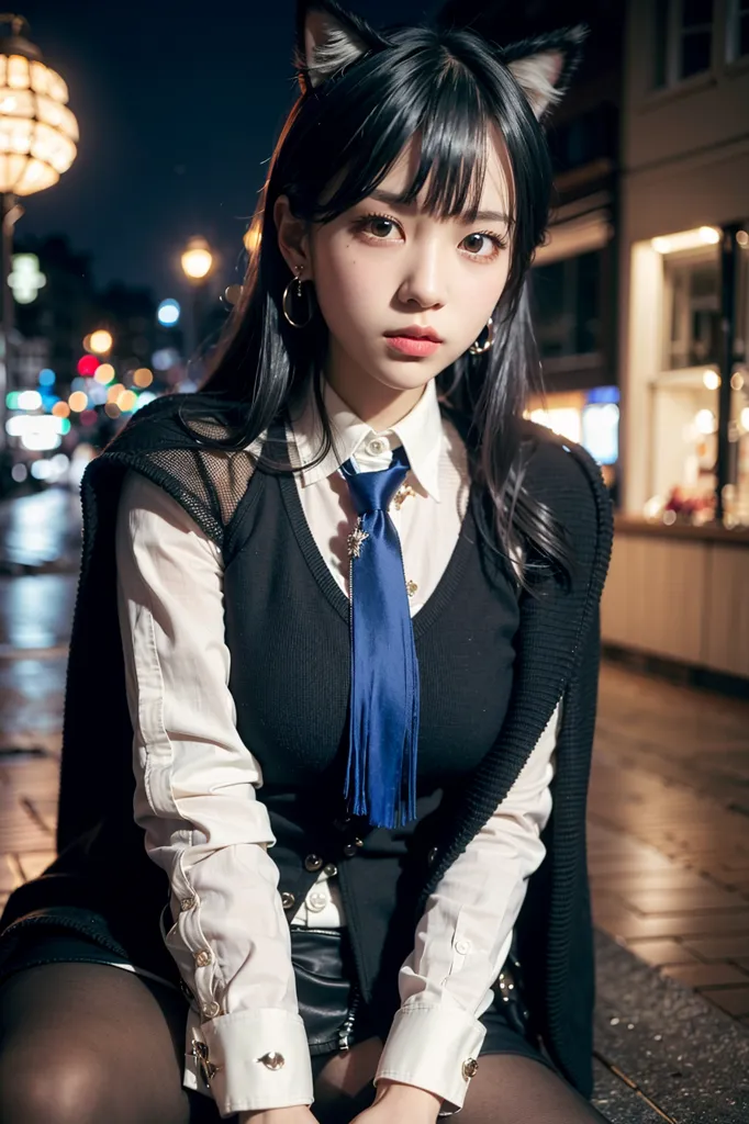 The image shows a young woman with long black hair and cat ears. She is wearing a white blouse, a black vest, and a blue tie. She is also wearing a black skirt and black boots. She is sitting on a bench in an urban setting. The background is blurred, but it looks like there are city lights in the distance. The woman is looking at the camera with a serious expression.