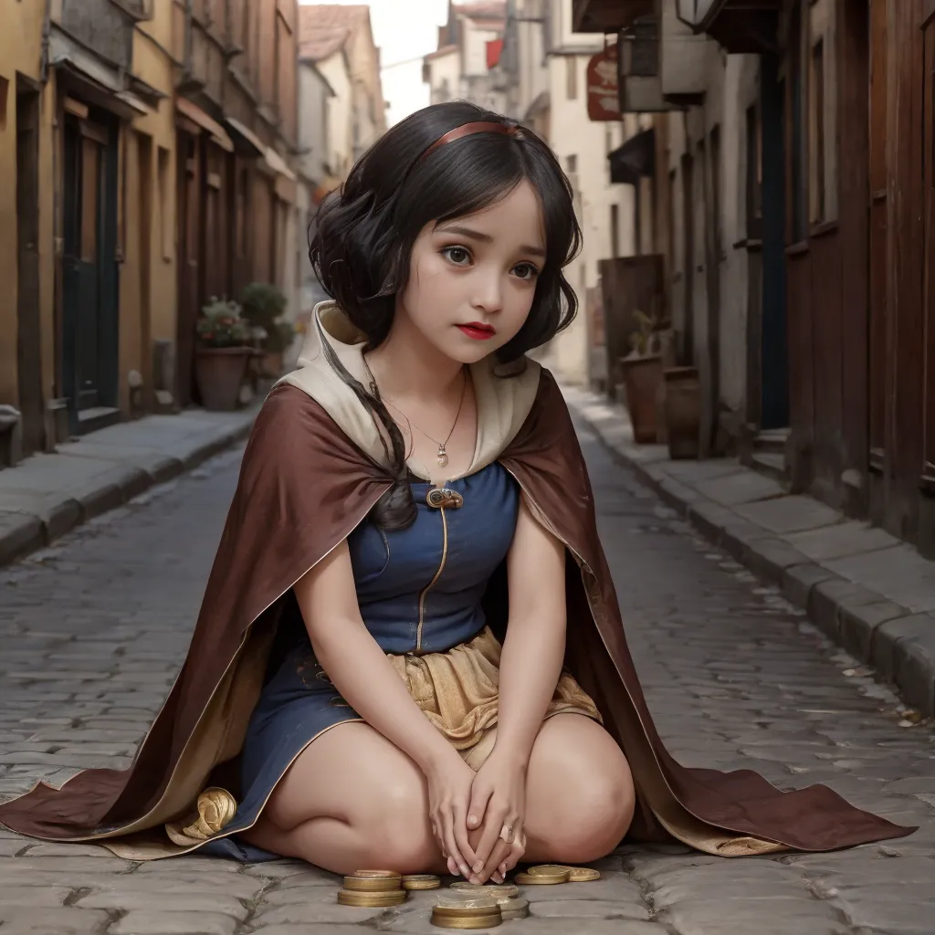 The picture shows a young girl with short black hair and brown eyes. She is wearing a blue dress with a white camisole and a brown cape. She is kneeling on the cobblestone street with her hands together in front of her. There are several gold coins scattered on the ground in front of her. The background is a street in a medieval town with half-timbered houses and a red sign with a white horse on it.