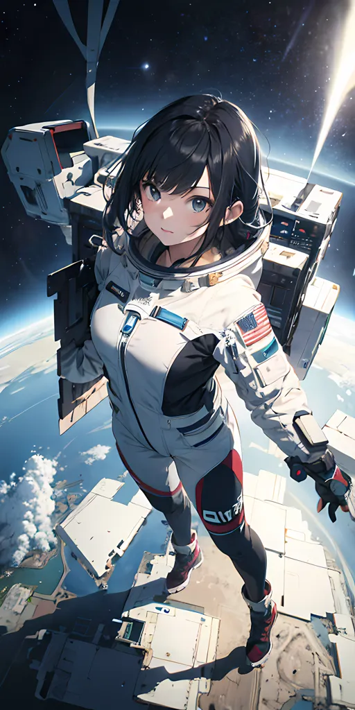 The image is an anime-style drawing of a young girl in a spacesuit with a large backpack. She is standing on a platform in space, with the Earth in the background. She has dark hair and blue eyes, and she is looking at the viewer with a determined expression. She is wearing a white spacesuit with red and blue accents, and her backpack is white with a red stripe. The platform she is standing on is made of metal, and there is a large control panel on the left side. There is a large American flag decal on her right arm.