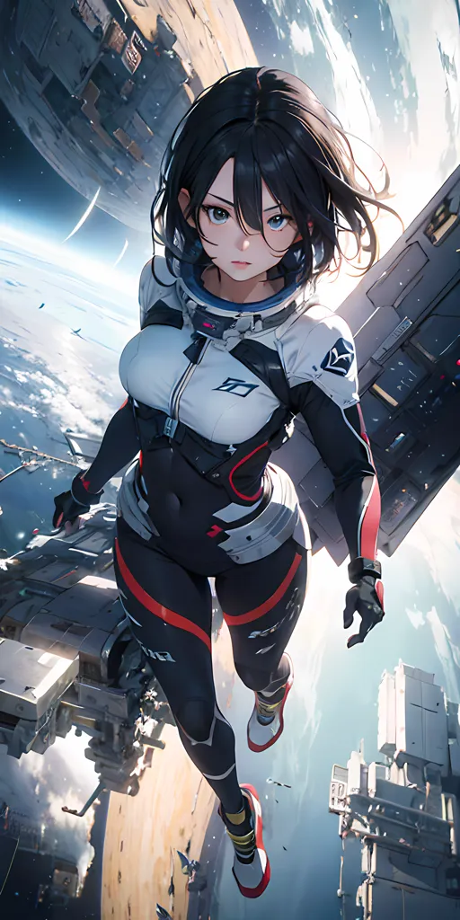 A imagem é uma pintura de uma jovem garota em um traje espacial futurista. Ela está em pé em uma nave espacial com o pé direito à frente e a perna esquerda estendida atrás dela. Seus braços estão ao lado do corpo e ela olha para o espectador com uma expressão séria. Ela tem cabelos curtos e pretos e olhos azuis. Ela está usando um traje espacial branco e preto com detalhes vermelhos e azuis. O traje espacial tem um padrão de hexágonos. Ela também está usando um par de botas pretas. O fundo da imagem é um céu azul com nuvens brancas. Há também várias naves espaciais no fundo.