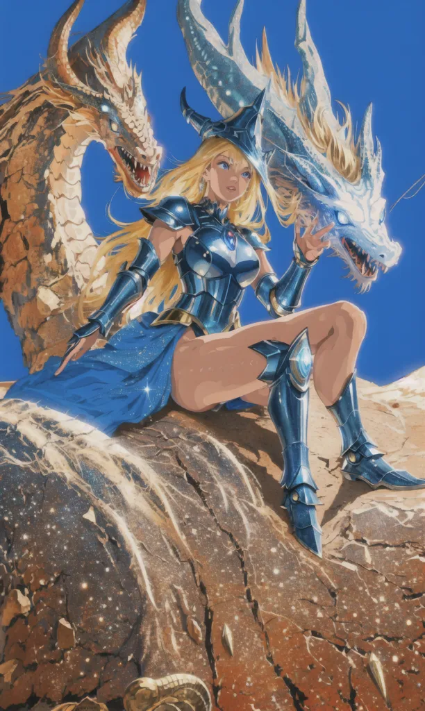 This is an image of a woman sitting on a rock in front of a blue background. She is wearing silver armor and a blue skirt. She has long blonde hair and blue eyes. She is holding a staff in her right hand and there is a dragon on either side of her. The dragons are both blue and have long necks. The one on the left has brown wings and the one on the right has white wings.