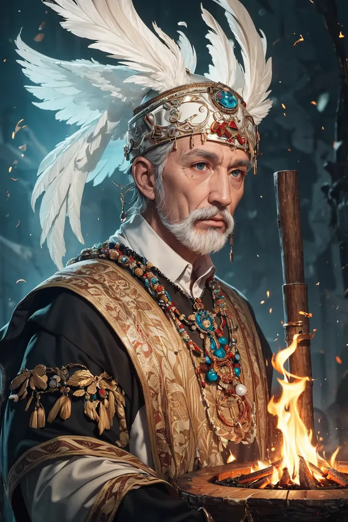 The image shows an old man wearing a feathered headdress and a golden necklace. He is standing in front of a fire, and there are trees in the background. The man has a serious expression on his face, and he is looking at the viewer. He is wearing a white shirt and a black jacket, and he has a staff in his hand. The fire is burning brightly, and there are flames coming out of it. The trees in the background are dark and shadowy. The overall tone of the image is mysterious and dramatic.