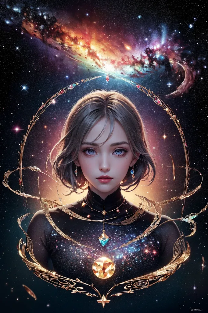 The image is of a beautiful young woman with short gray hair and blue eyes. She is wearing a black dress with a high collar and a gold necklace with a large blue gem in the center. She is standing in front of a starry night sky, with a crescent moon on her right. There is a golden frame with stars and gems around her. She has a serious expression on her face.