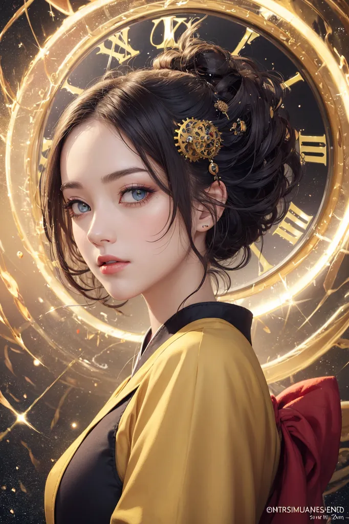 L'image montre une belle jeune femme aux longs cheveux bruns. Elle porte un kimono jaune avec un obi rouge. Il y a une horloge en arrière-plan. La femme regarde le spectateur avec une expression sérieuse.