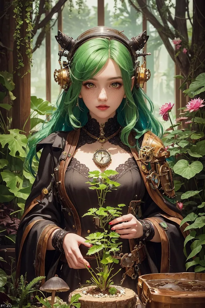 The image is a steampunk style illustration of a woman with green hair and brown eyes. She is wearing a black dress with a white lace collar and a brown leather belt. She also has on a pair of steampunk style headphones and a necklace with a clock on it. She is standing in a lush garden with one hand holding a potted plant and the other near it. There are various types of plants and flowers in the background.