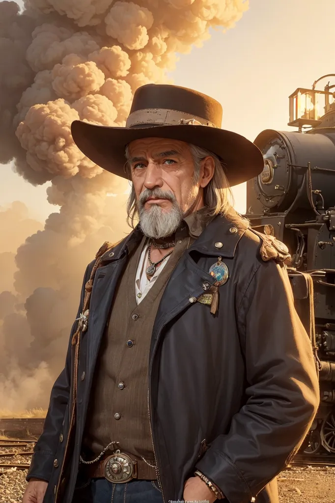 A imagem é de um homem usando um chapéu de cowboy e um casaco escuro longo. Ele tem uma barba e um bigode e está olhando para a câmera com uma expressão séria. Ele está em pé na frente de um trem e há grandes nuvens de fumaça se espalhando ao fundo.