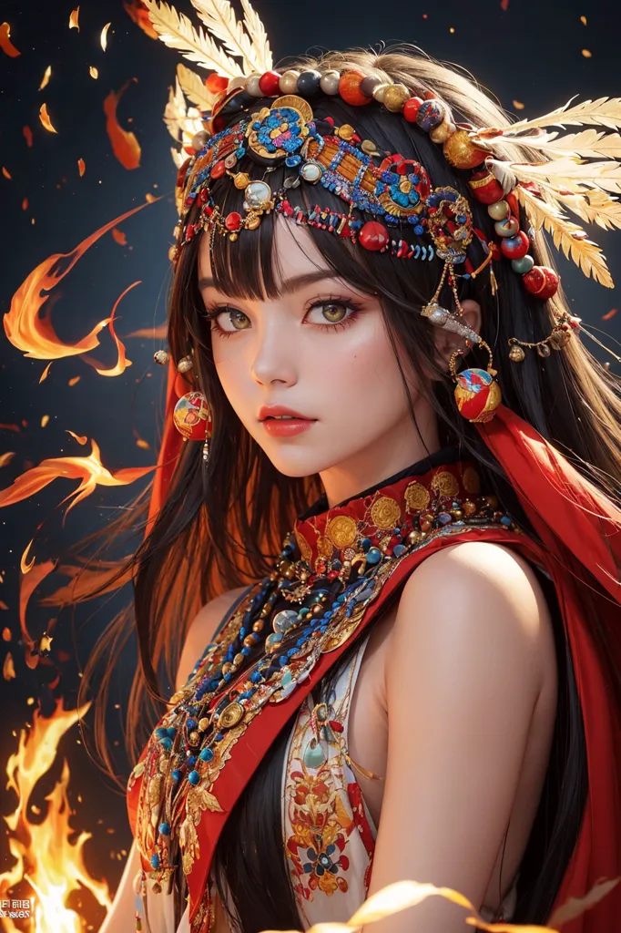 This image shows a young woman, probably in her late teens or early twenties, with long, dark hair and light golden eyes. She is wearing a red and gold feathered headdress and a red and gold necklace. She is also wearing a red and gold top that is revealing her shoulders. The background is dark, with flames on either