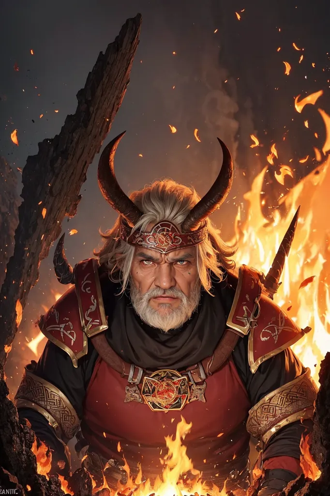 The image shows a man with grey hair and a long white beard. He has red horns on his head and is wearing a red and brown tunic. He is standing in front of a fire and has a serious expression on his face.