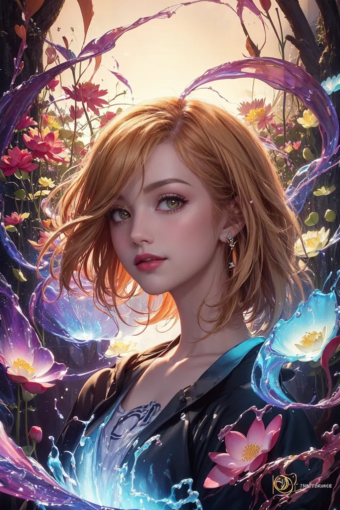 The image is a portrait of a beautiful young woman with short blonde hair and light blue eyes. She is wearing a black jacket and there are colorful flowers and plants in the background. The background is a mixture of bright and dark colors, with the flowers being the brightest part. The woman's expression is one of peace and serenity.