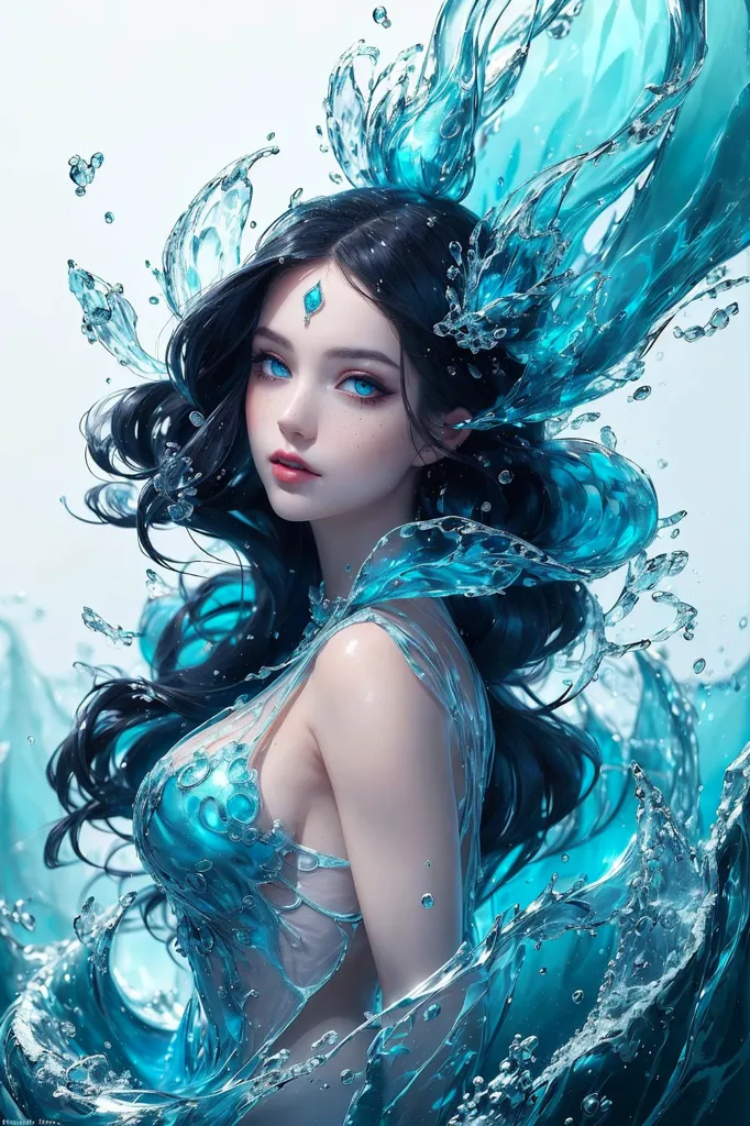 L'image montre une belle femme aux longs cheveux noirs et aux yeux bleus. Elle porte une robe bleue faite d'eau. La robe a un décolleté bas et est sans bretelles. La femme se tient devant un fond blanc, et de l'eau éclabousse autour d'elle. L'eau est claire et a une couleur bleu clair. Les cheveux de la femme sont mouillés et dégouttent d'eau. Le visage de la femme est serein et elle a un léger sourire sur les lèvres.