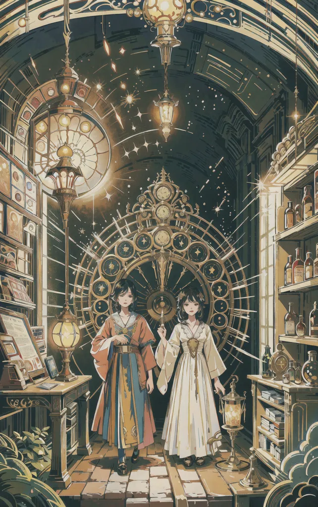 A imagem é uma pintura de duas meninas em uma biblioteca mágica. As meninas estão usando vestidos brancos e têm cabelos longos. Elas estão em pé diante de um grande relógio cercado por estantes de livros. O relógio é feito de muitos engrenagens diferentes e tem um grande pêndulo que se move de um lado para o outro. Há também vários outros relógios na biblioteca, todos de tamanhos e formas diferentes. A biblioteca é iluminada por um grande lustre pendurado no teto. Há também várias outras luzes espalhadas pelo ambiente. O piso da biblioteca é de mármore e há vários tapetes espalhados. Há também várias plantas na biblioteca, todas de tamanhos e formas diferentes. A imagem é muito detalhada e tem muitas coisas interessantes para se olhar.