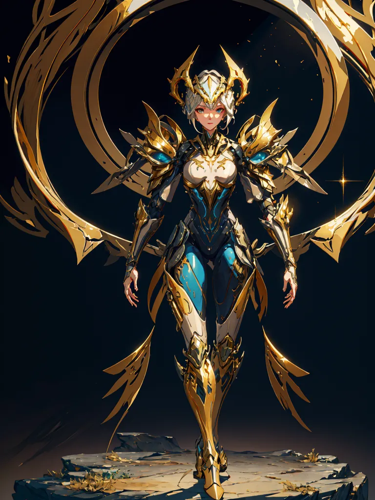 This image shows a tall, slender woman with long white hair and blue eyes. She is wearing a golden armor with blue details and has a pair of golden wings. She is standing on a rock in front of a dark background with a golden halo behind her head.