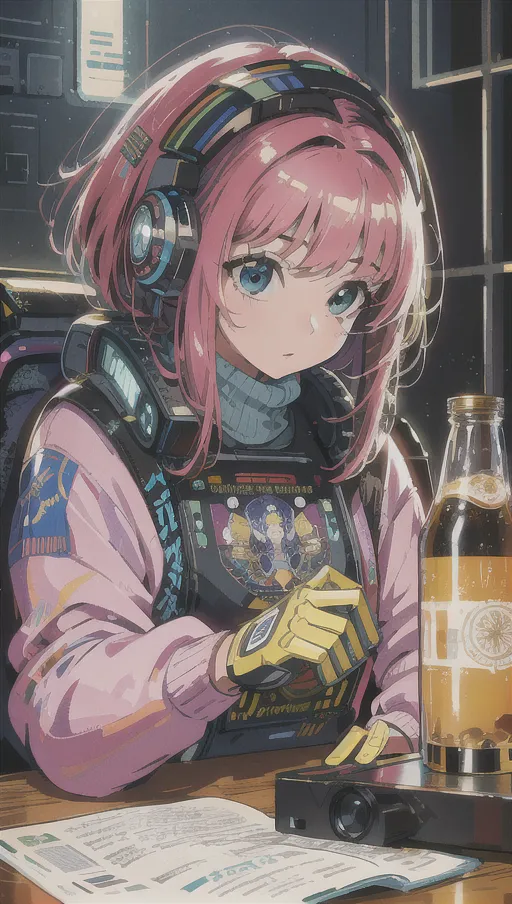 The image is a portrait of a young woman with pink hair and blue eyes. She is wearing a pink sweater and a pair of headphones. She is sitting at a table, reading a book. There is a bottle on the table. The background is a cityscape.