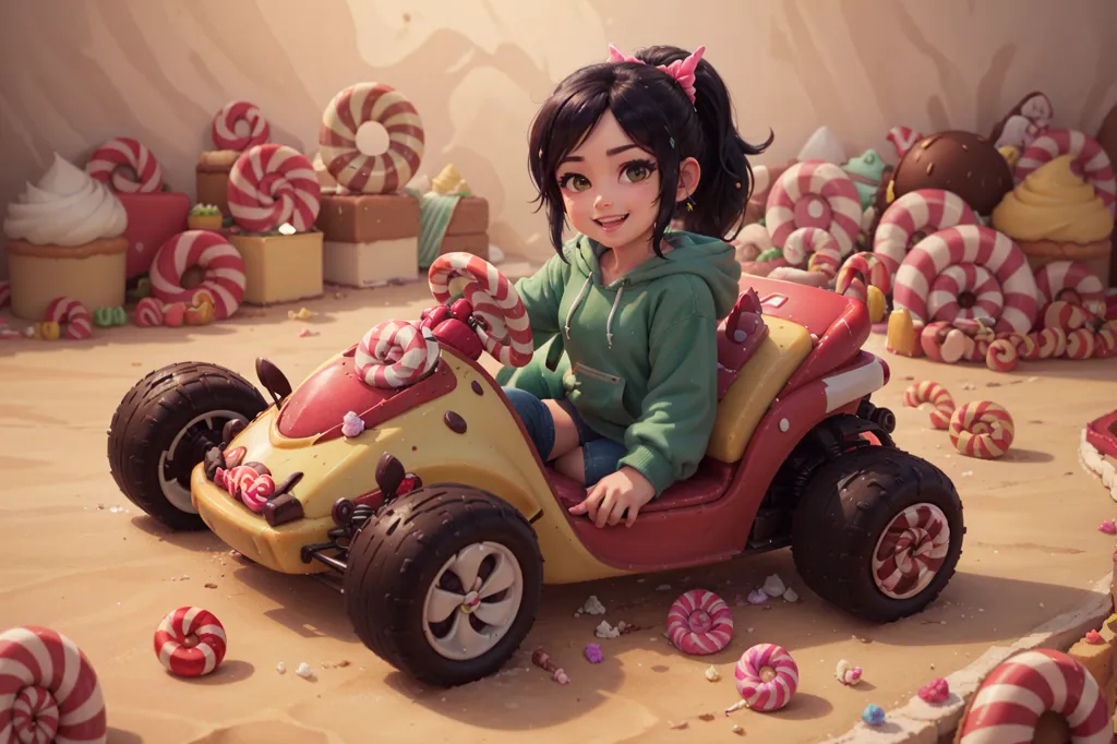 This is an image of a young girl with long black hair and green eyes. She is wearing a green hoodie and pink shorts. She is sitting in a yellow and red go-kart. The go-kart is decorated with candy canes and lollipops. There are also candy canes and lollipops on the ground around the go-kart. The background is a light brown color.