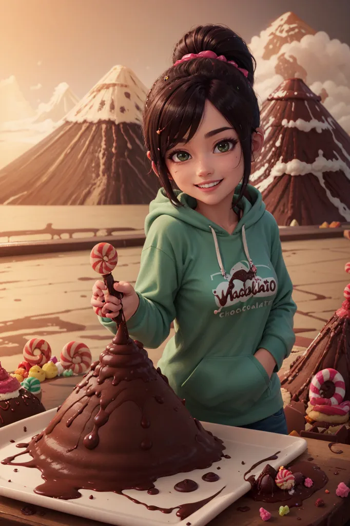 The image shows a girl with brown hair and green eyes. She is wearing a green hoodie with the word "Wreck-It Ralph" on it. She is also wearing a brown skirt and black boots. She is standing in front of a large chocolate cake. There are also other cakes and candies on the table. The background of the image is a mountain range. The girl is smiling and holding a lollipop.