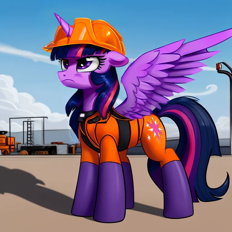 The image shows a pony wearing a hard hat and construction outfit. The pony is purple with a dark purple mane and tail. The pony is also wearing a jetpack. There are clouds and a building in the background.