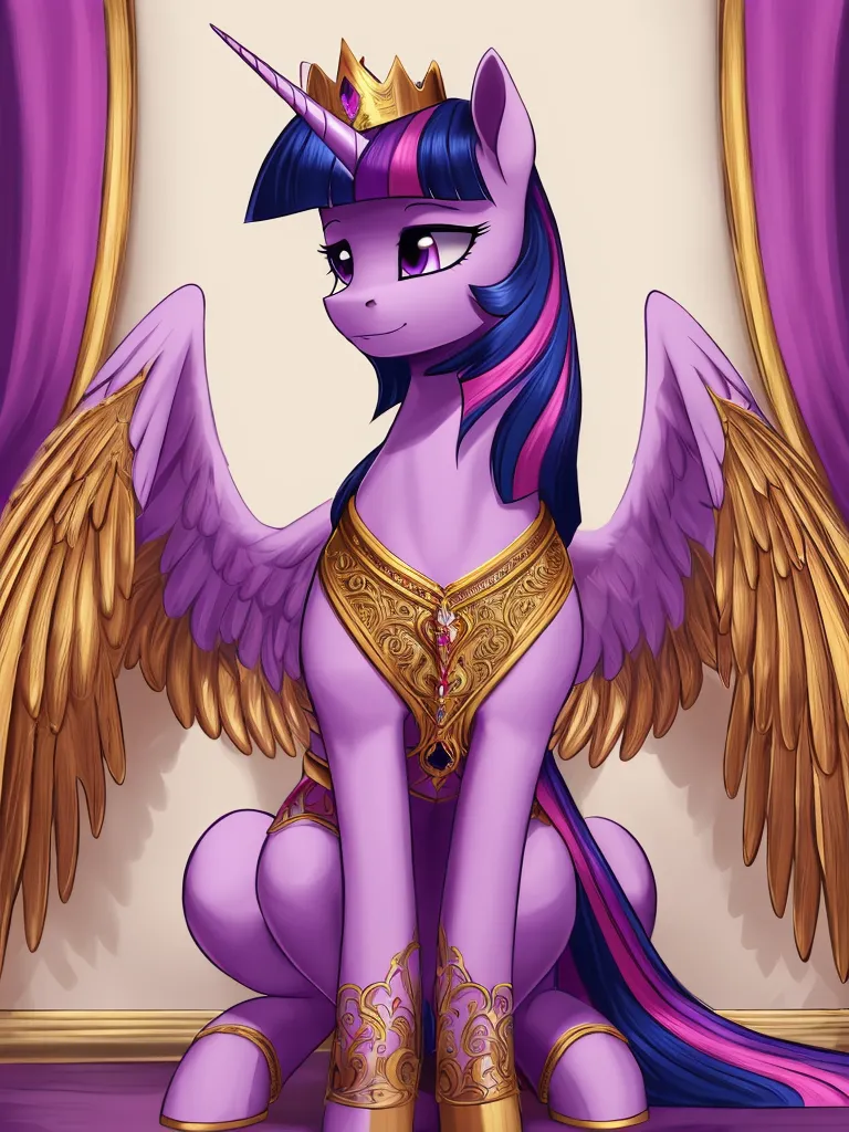 The image shows a purple pony with a golden horn and wings. She is wearing a golden crown and a golden necklace with a red jewel in the center. Her wings are spread out and she is sitting on a purple throne. There are purple curtains behind her.