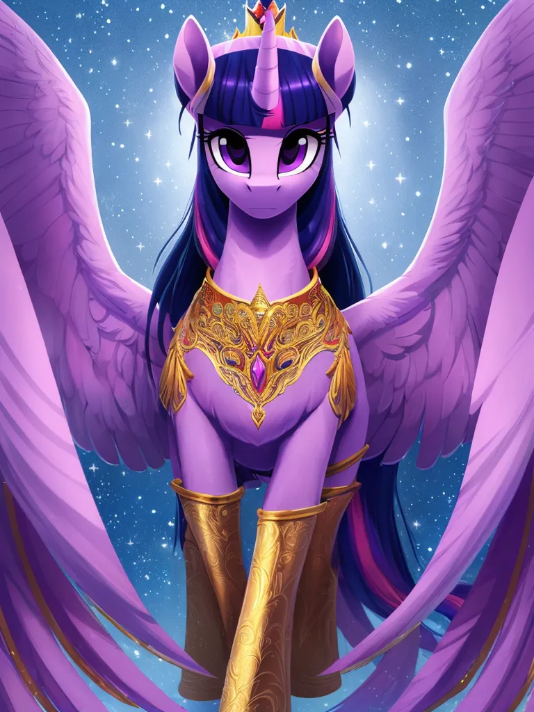 La imagen muestra una poni morada con el pelo negro. Tiene alas moradas y un collar dorado con una joya roja en el centro. Lleva brazaletes dorados y tiene sombra de ojos morada. Hay estrellas de fondo y tiene una expresión decidida en su rostro.