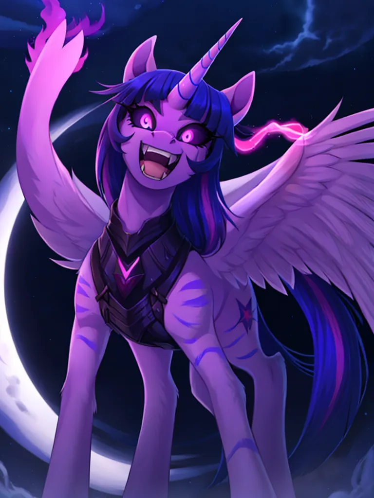 The image shows a purple alicorn with long purple hair and dark purple eyes. She has a crescent moon cutie mark on her flank. She is wearing black and purple armor and has a purple horn and wings. Her tail is long and flowing, and she has a small fang sticking out of her mouth. She is standing on a crescent moon, and there is a dark purple background with a starry night sky behind her.