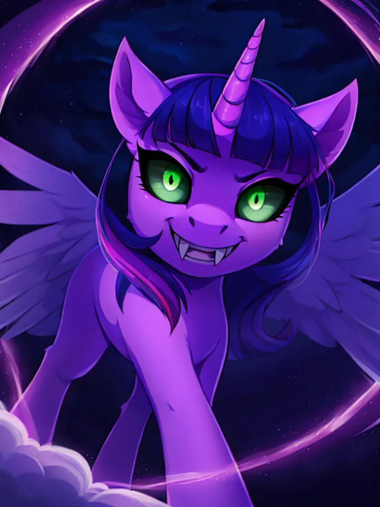 The image is a digital painting of a pony with a dark purple coat, green eyes, and a twisted smile. The pony is standing in front of a dark background with a purple magic circle around it. The pony has bat-like wings and a long, flowing mane and tail. It is standing on a cloud. The image is drawn in a realistic style and the pony is depicted in a dynamic pose.