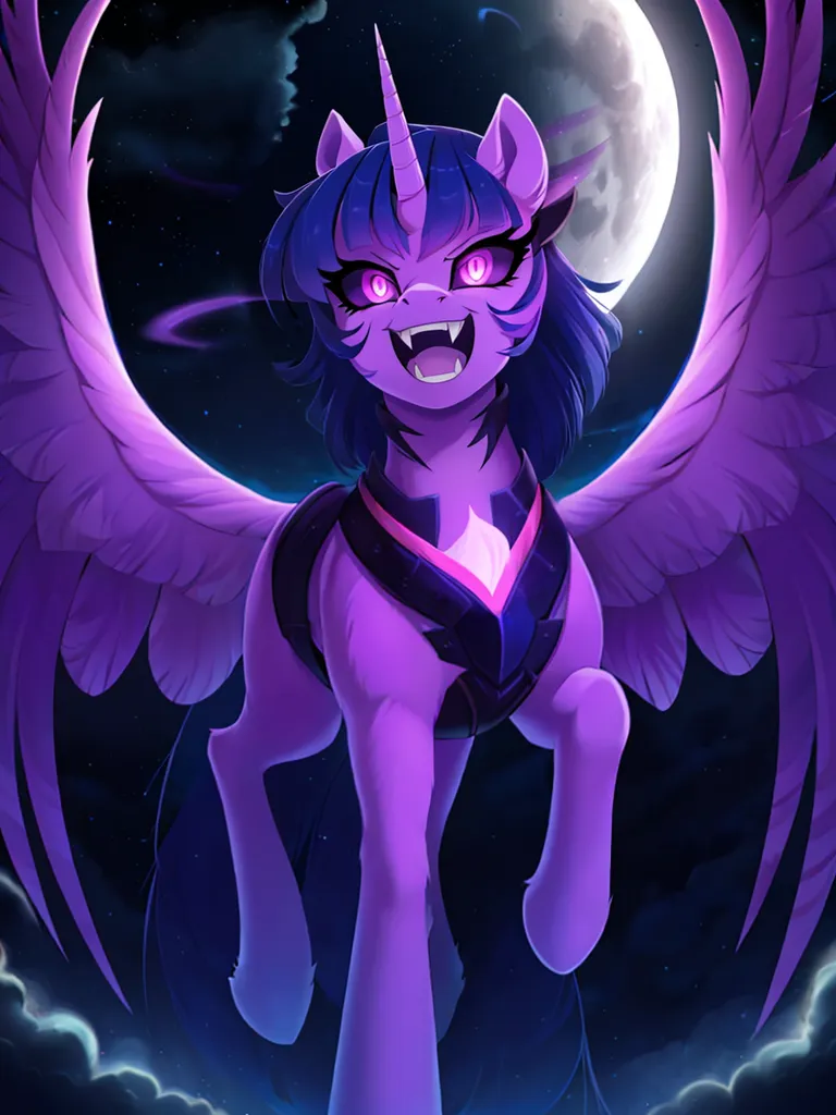 La imagen es un poni morado con el pelo negro y ojos morados. Tiene un cuerno y alas, y está rodeado de un aura morada oscura. El poni está de pie sobre una nube frente a una luna llena. Hay nubes detrás del poni.