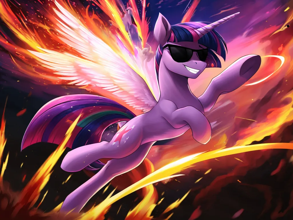 The image shows a purple pony with rainbow-colored hair and wings flying through a fiery background. The pony is wearing sunglasses and has a smug expression on its face. There are also two other ponies in the background. The pony is Twilight Sparkle from the My Little Pony series.