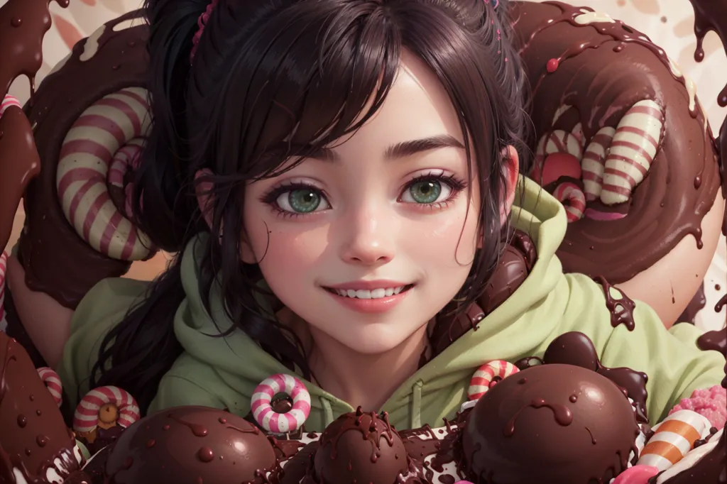 Esta imagem mostra uma menina jovem coberta de chocolate e doces. Ela tem um grande sorriso no rosto e está olhando para o espectador. Ela está usando um moletom com capuz verde e tem seu cabelo castanho longo em duas tranças. Há bastões de doce, pirulitos e barras de chocolate ao seu redor. O fundo é de uma cor marrom clara.