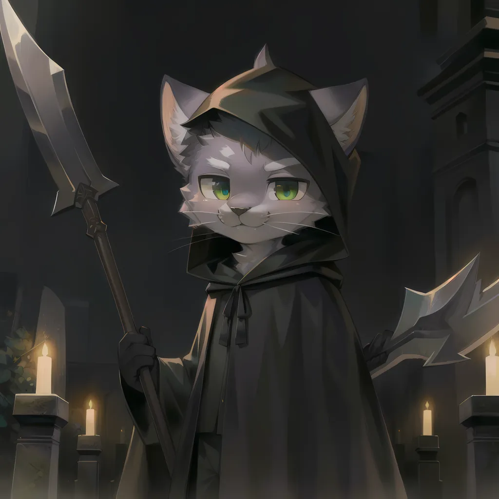 The image is of a gray cat wearing a dark gray cloak with a hood. The cat has green eyes and is holding a large sword in each hand. The cat is standing in a dark room with candles on the ground. There is a building in the background.