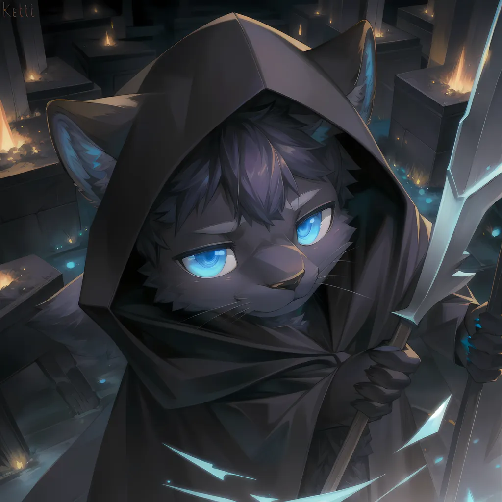 The image is of a black cat wearing a dark grey cloak with a hood. The cat has blue eyes and is looking at the viewer with a serious expression. It is standing in a dark, ruined city. There are broken buildings and rubble all around. The sky is dark and there are no visible stars or moon. The only light comes from a few torches and the cat's eyes. The cat is holding a weapon of some sort in its right hand. The weapon is glowing blue and looks like it is made of energy. The cat is standing in a confident pose and looks like it is ready for battle.