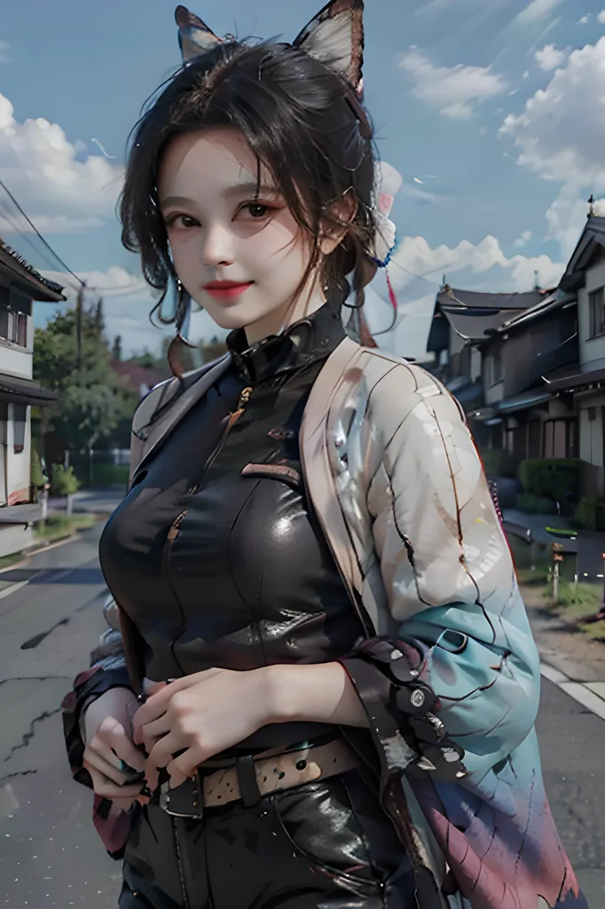 The image is of a young woman with long black hair and brown eyes. She is wearing a black leather jacket with a white collar and a butterfly pattern on the back. She is also wearing a black skirt and black boots. She is standing in a street with traditional Japanese houses in the background.