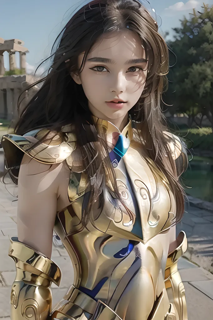 The image shows a young woman standing in a rocky, outdoor area. She is wearing a golden armor and has long brown hair. The background is blurry, but it looks like there are some ruins in the distance. The woman is looking at the viewer with a serious expression.