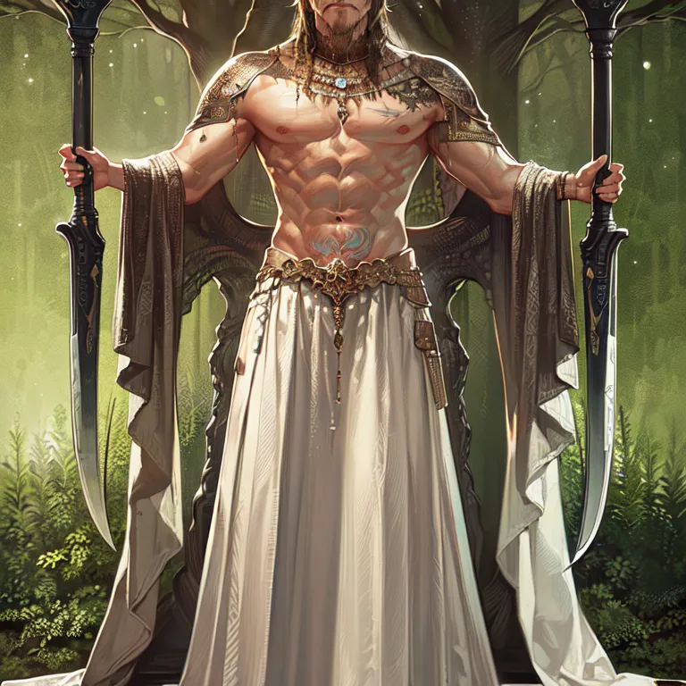 This image shows a muscular, shirtless man with long blond hair and a beard. He is wearing a white skirt and a golden belt with a large buckle. He is also wearing several necklaces and bracelets. He is standing in front of a tree, holding two swords. The background is a forest.