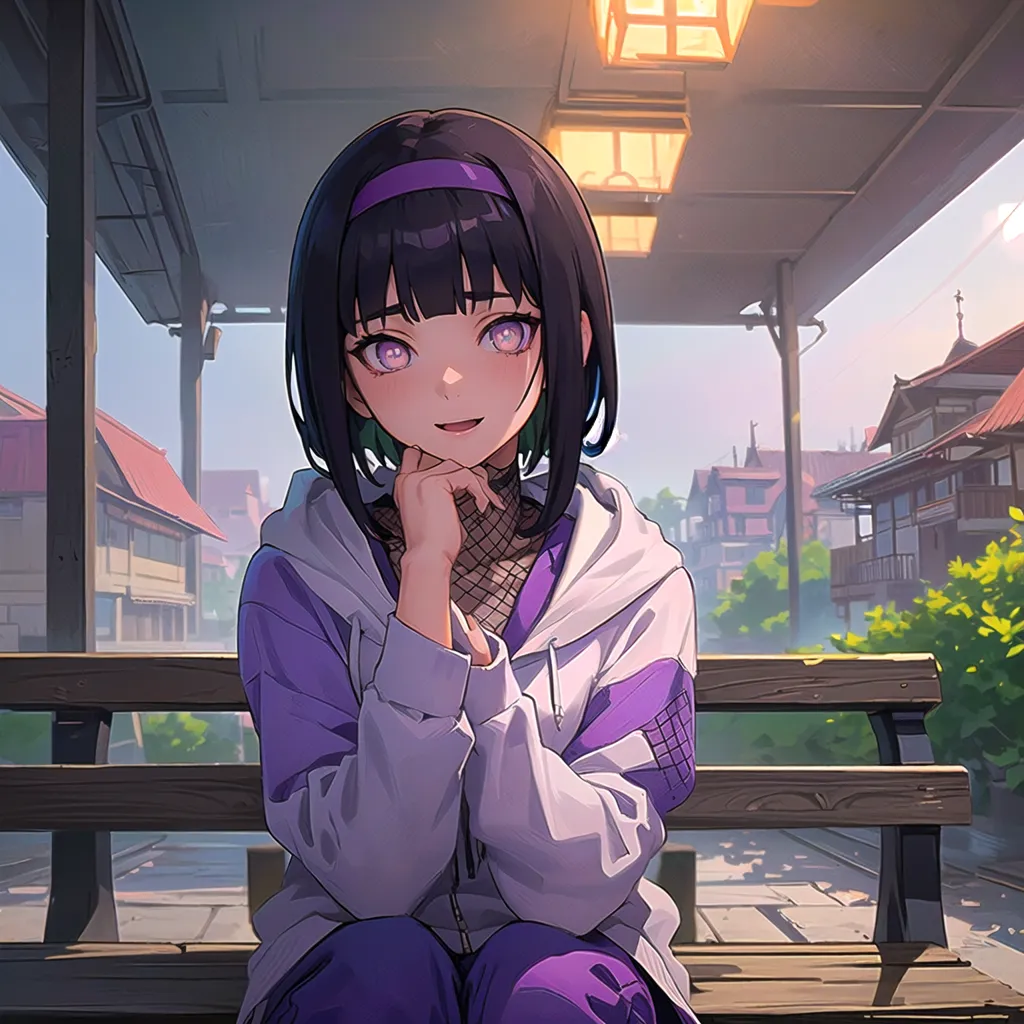 This is an image of an anime-style girl sitting on a bench. She has black hair with purple streaks, purple eyes, and a purple outfit. She is wearing a fishnet shirt under a white and purple hoodie. She is also wearing purple pants and black boots. She is sitting on a wooden bench in what appears to be a park. There are some trees and houses in the background. The girl is smiling and has her hand on her chin.