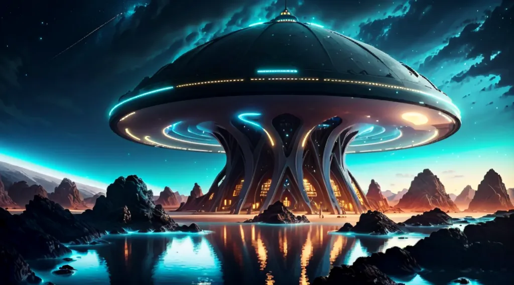 The image is of a large, futuristic building that is hovering over a body of water. The building is round and has a large dome on top. It is lit up by bright lights. There are mountains in the background and a starry sky above. The water is reflecting the light from the building. There are some rocks in the foreground.