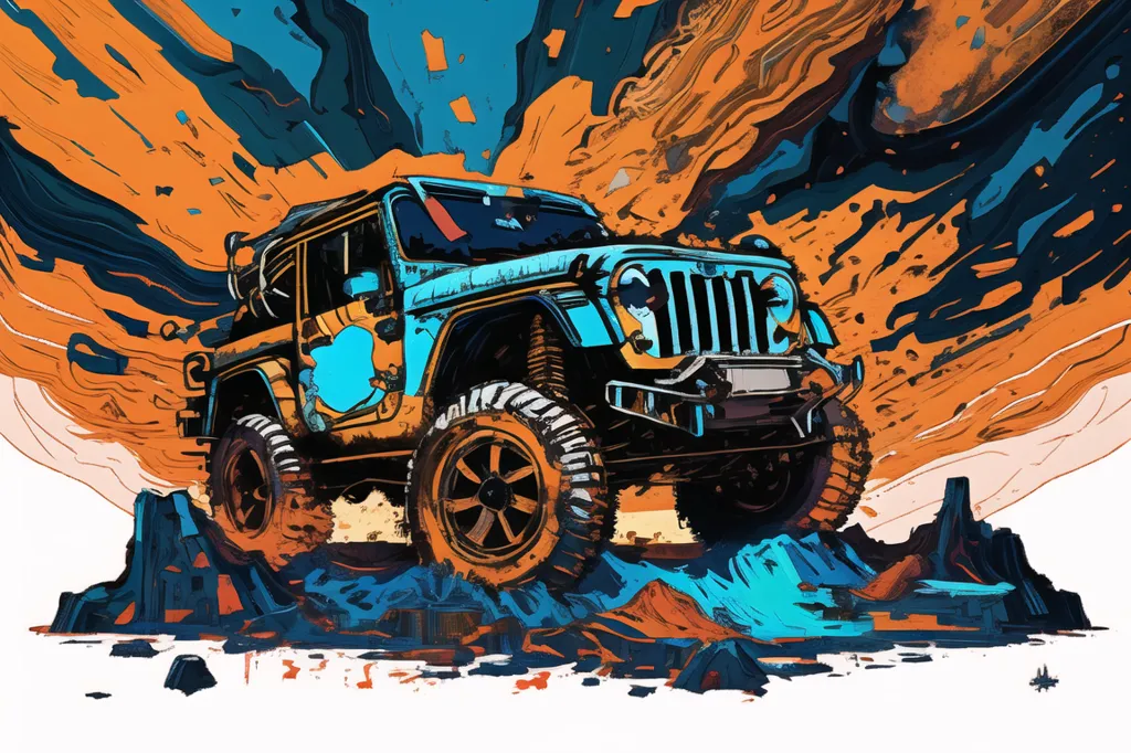 This is a digital painting of a blue Jeep Wrangler off-roading in a rocky canyon. The Jeep is surrounded by large rocks and boulders, and the background is a bright orange. The painting has a painterly style, and the colors are vibrant and saturated. The Jeep is in the center of the painting, and it is facing the viewer. The Jeep is blue and has a black top. The rocks are various shades of orange, and the background is a bright orange. The painting is full of energy and conveys a sense of adventure.