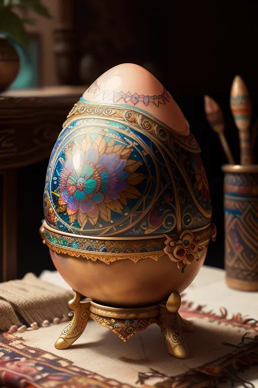 The image is of an golden egg with intricate blue, green, and purple floral designs. The egg is sitting on a golden stand on top of a colorful patterned cloth. The background is a dark patterned wall with a wooden table to the left and a shelf with two containers on the right.