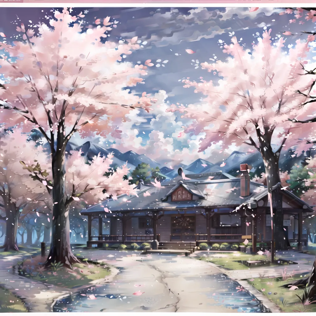 The image is a beautiful landscape of a traditional Japanese house surrounded by cherry blossom trees. The cherry blossom trees are in full bloom, and their delicate pink and white blossoms are fluttering in the breeze. The house is made of wood and has a tiled roof. It is surrounded by a lush green garden with a stone path leading up to the front door. In the background, there are tall mountains covered in snow. The sky is a clear blue, and the sun is shining brightly. The overall effect of the image is one of peace and tranquility.