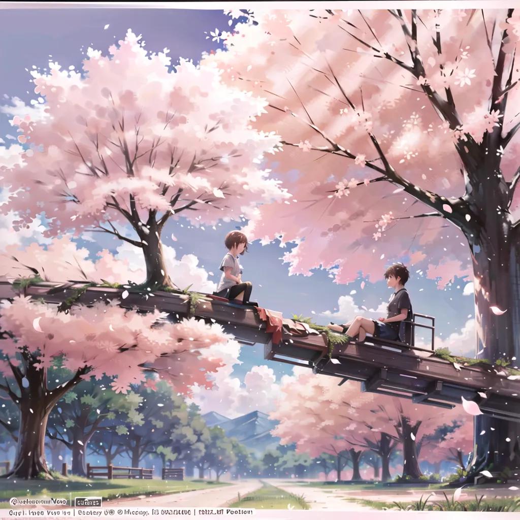 The image is of two people, a boy and a girl, sitting on a bridge in a park. The bridge is made of wood and has a metal railing. The boy and girl are sitting on the edge of the bridge, with their legs hanging off. The boy is wearing a blue shirt and the girl is wearing a pink dress. The background is a park with trees and a mountain in the distance. The trees are cherry trees and they are in bloom. The ground is covered in pink cherry blossoms. The sky is blue and there are some clouds. The image is peaceful and romantic.