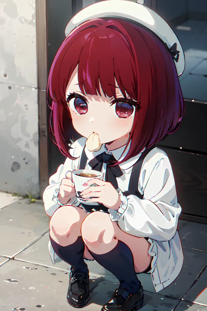 The image shows a chibi girl with red hair and red eyes. She is wearing a white beret, a white shirt, and black shorts. She is sitting on the ground and holding a cup in her hands. She has a small piece of bread in her mouth. The background is a blur of gray and there is a door on the right.