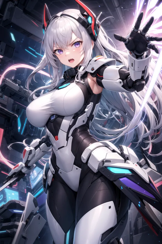 The image is an anime-style illustration of a young woman in a white and black bodysuit with cat ears and a robotic arm. She is standing in a futuristic setting with a determined expression on her face.