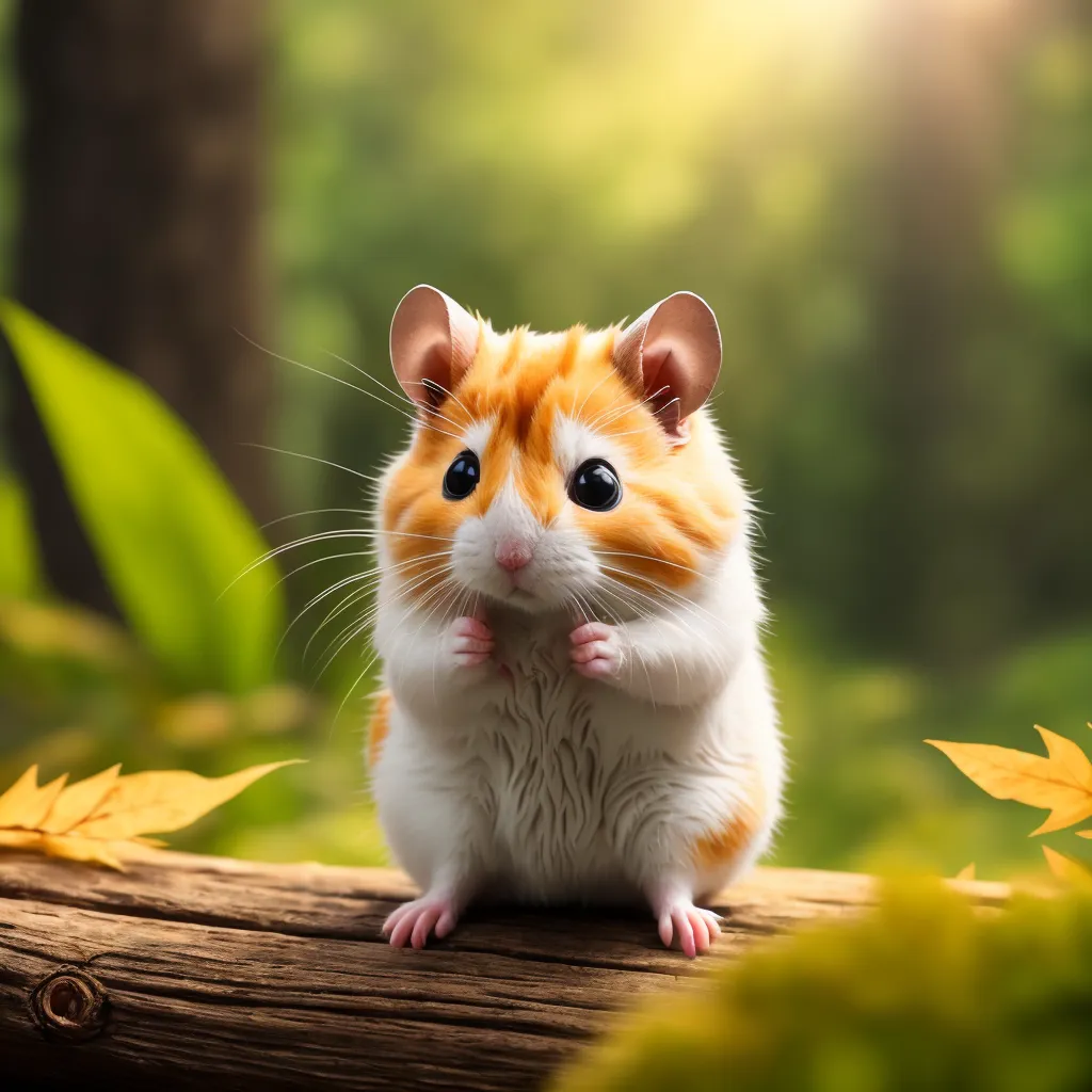 The image shows a cute hamster sitting on a tree branch. The hamster is white and light brown in color, with big black eyes and a pink nose. It is looking at the camera with a curious expression. The background is a blur of green leaves and branches. The hamster is sitting on a piece of wood.