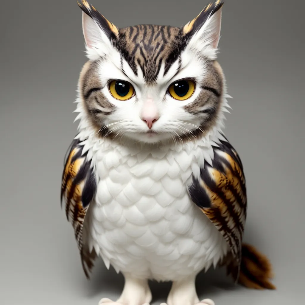 This image shows a cat with owl wings. The cat is sitting on a gray background and looking at the camera. It has big, round, yellow eyes, a small, black nose, and a white belly. Its wings are spread out and its tail is sticking up. The cat is covered in soft, fluffy feathers.