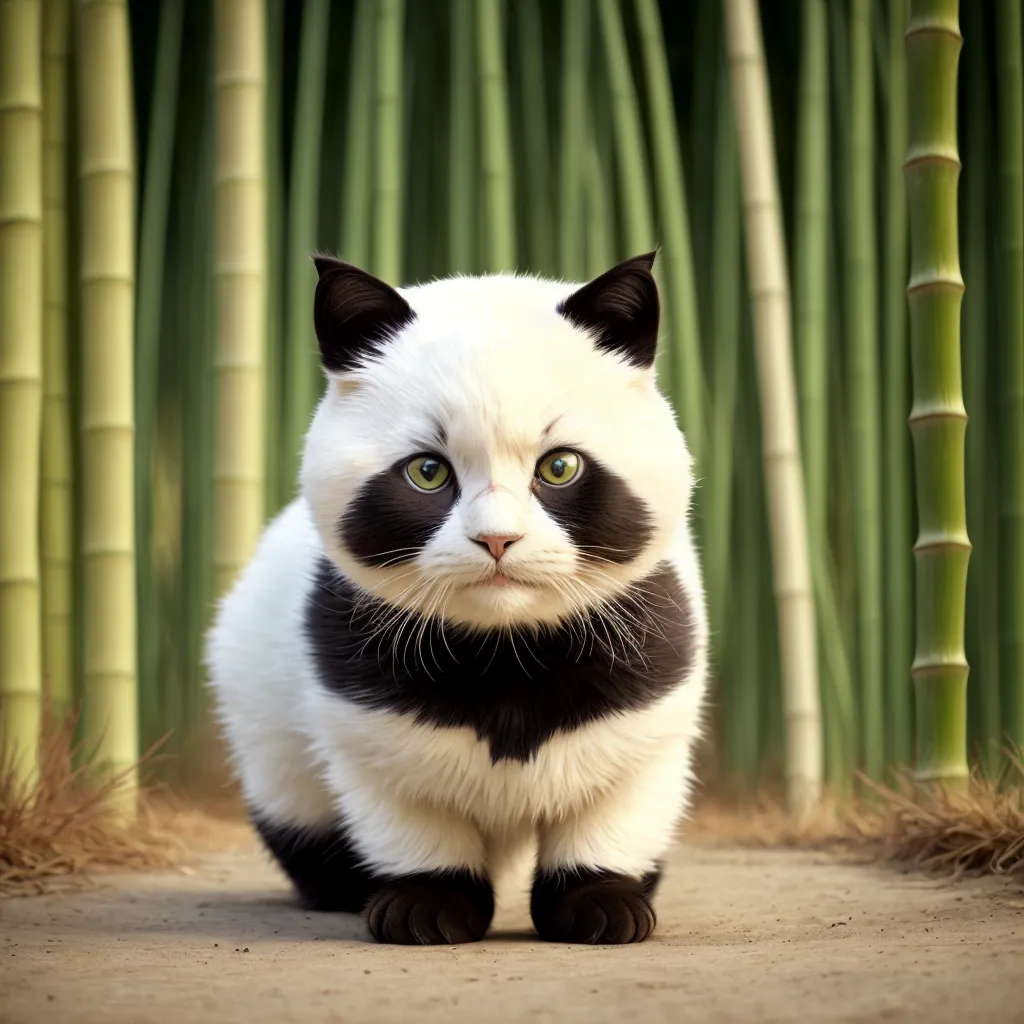 The image shows a cute cat with black and white fur, resembling a panda. It is sitting in a bamboo forest, looking straight at the camera. The cat has big, round, green eyes, a small black nose, and fluffy ears. Its fur is white with large black patches around the eyes, on the ears, and on the paws. The cat is sitting on the ground, with its front paws resting in front of it. The background of the image is a blur of green bamboo stalks.